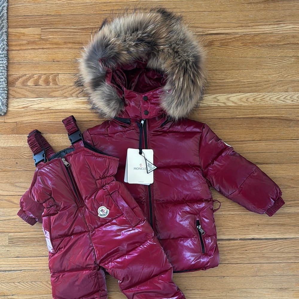 Moncler Burgundy Puffer Jacket and Snowsuit Set
